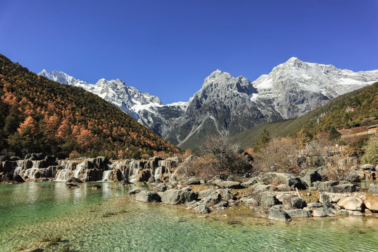 Scenic view of waterfalls cascading with snow-capped mountains under clear blue skies.